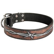 Handpainted Leather Newfoundland Collar with Barbed Wire Drawing