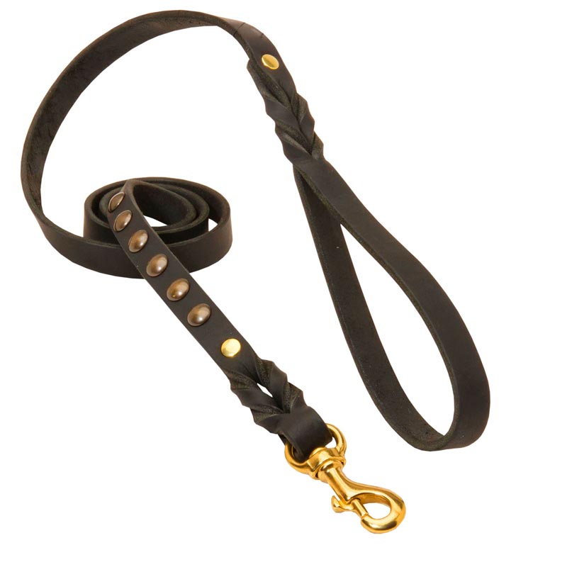 Studded Leather Newfoundland Leash for Dog Walking and Training