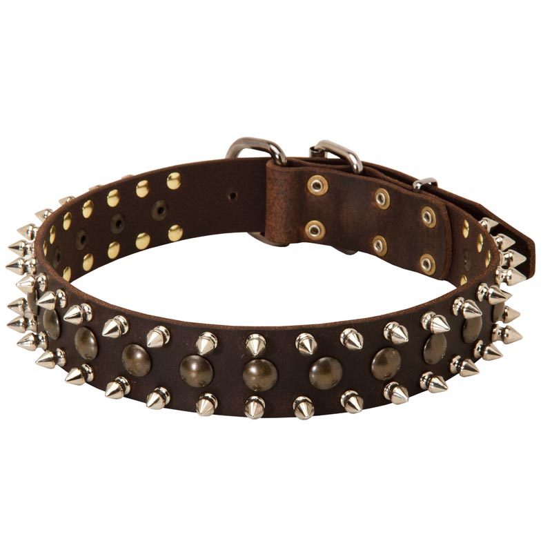 3 Rows Leather Spiked and Studded Newfoundland Collar